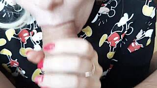 Girl Miki Mouse gives blowjob with kissing and foot play