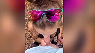 Getting a blowjob in the woods with a milf