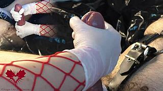 How does mistress make me cum with white gloves on my cock?