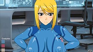 in this anime scene, zero suit samus gets her tits fucked hard