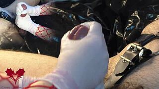 How does mistress make me cum with white gloves on my cock?