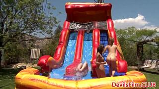 wild lesbo gangbang outdoors with toys in pussy and ass.