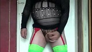 Sissy spills cumshot in hand and swallows it down.