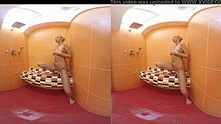 Karol Lilien bends over for doggystyle cock in shower and room.