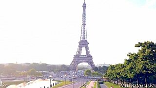 French brunette in public outdoor reality in Paris.