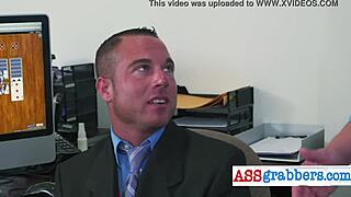 Gay hunk in costume drills his employee hard at the office.