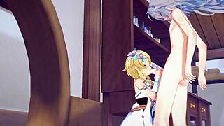 Lumine Performs Handjob and Blowjob on Razor! Genshin Impact Hentai!