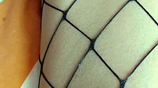 He says, I'm fucking her deliciously and cumming on those dirty feet in fishnets.