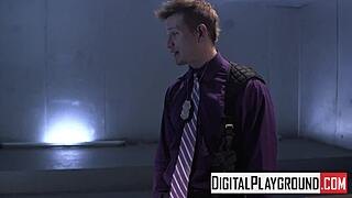 digitalplayground's shake down features femdom slut in pantyhose giving handjob and strapon action with cumshot