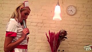 Blonde nurse in high heels intensely massages pussy and fingers asshole on the hospital table.