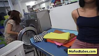 I’m so horny watching petite Nikki Mars suck Jason Legend’s cock in public laundromat!