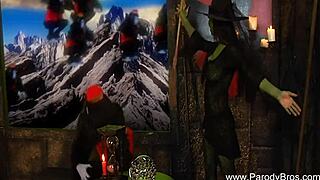 Blonde milf parodies holiday sex with couple, blowjob, handjob, and cumshot