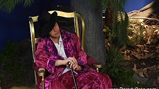 Blonde milf parodies holiday sex with couple, blowjob, handjob, and cumshot