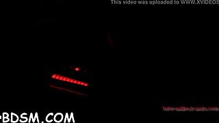 Wow, lovable brunette slave masturbates on huge fake penis with toys!