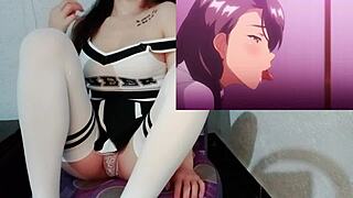 Latina student reacts to hentai futanari fucking.