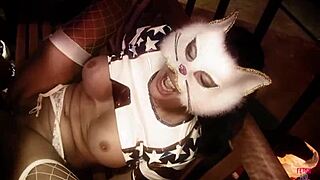 A man discovers a playful brunette in a cat mask, eager for an intimate facial experience.
