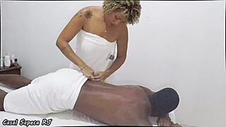 Slutty housewife massages big cock