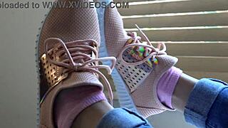 kristy shows off her new sneakers close up 👟