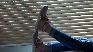 kristy shows off her new sneakers close up 👟