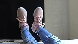 kristy shows off her new sneakers close up 👟