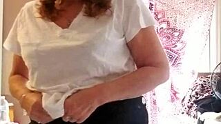 She carefully applies lotion to her sexy skin, revealing mature charm in every nude detail over time.