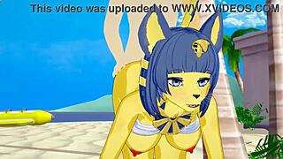 Ankha from Animal Crossing relaxes on the beach.