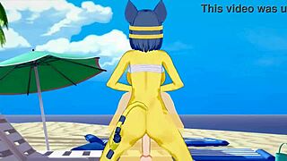 Ankha from Animal Crossing relaxes on the beach.