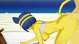 Ankha from Animal Crossing relaxes on the beach.