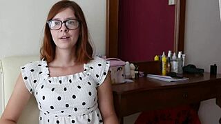 glasses babe fingering ass with buttplug for solo orgasm view