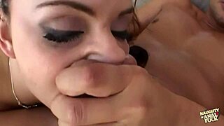 Seductive striptease leads brunette to deepthroat 😈