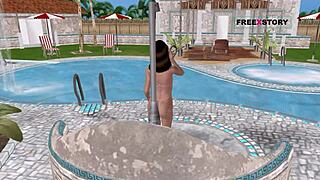 Cute girl in 3D animation poses sexily and showers by the pool