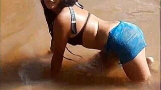 a teen gets double penetrated in the river outdoors