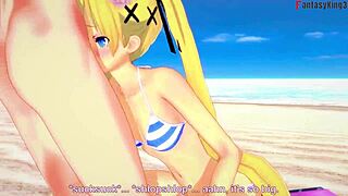 Marie Rose in bikini enjoys wild beach sex in 3D fantasy cartoon
