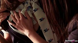 Gemma Massey and Linsey lick in stewardess cosplay on plane.