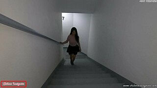 Neighbor catches me masturbating on emergency stairs and punishes with cum