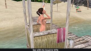 Cute girl in 3d cartoon gives sexy poses on beach and showers!