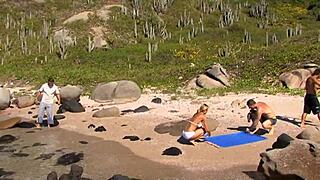 Beautiful blonde milf banging three guys on beach