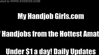 på knæ dominerer mistress med håndjob og jerk off-instruktioner